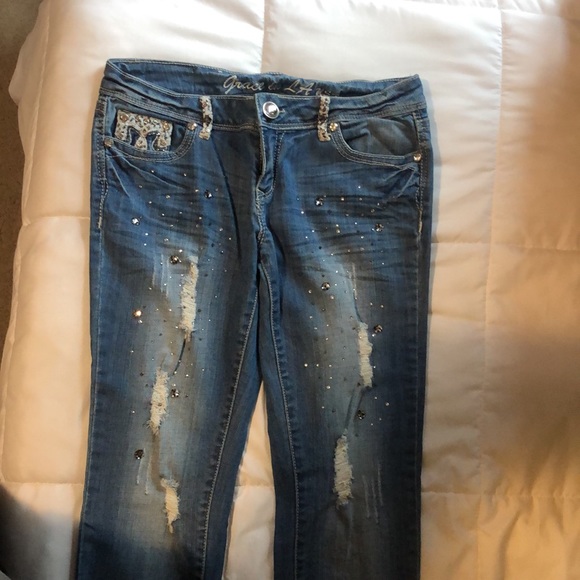 Grace in LA, jean, ripped, straight, stretch, animal print, embroidered, studs. - Picture 2 of 4